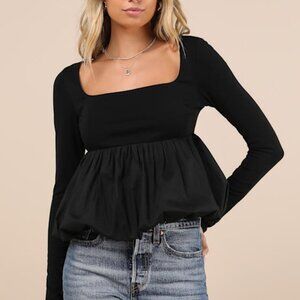 Lulus Compelling Delight Black Long Sleeve Bubble-hem Top - Size L